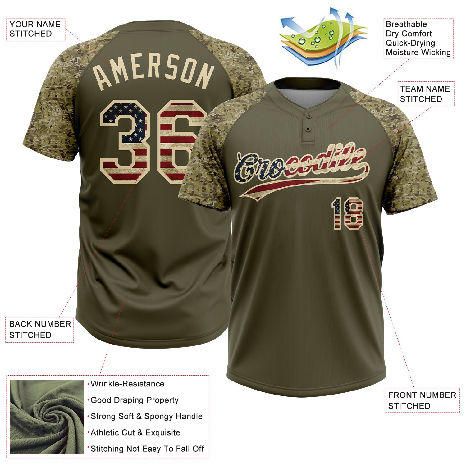 Custom Olive Vintage USA Flag-Cream Salute To Service Camo Raglan Sleeves Two-Button Unisex Softball Jersey