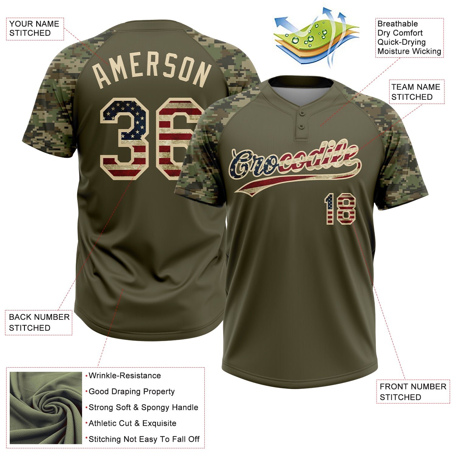 Custom Olive Vintage USA Flag-Cream Salute To Service Camo Raglan Sleeves Two-Button Unisex Softball Jersey