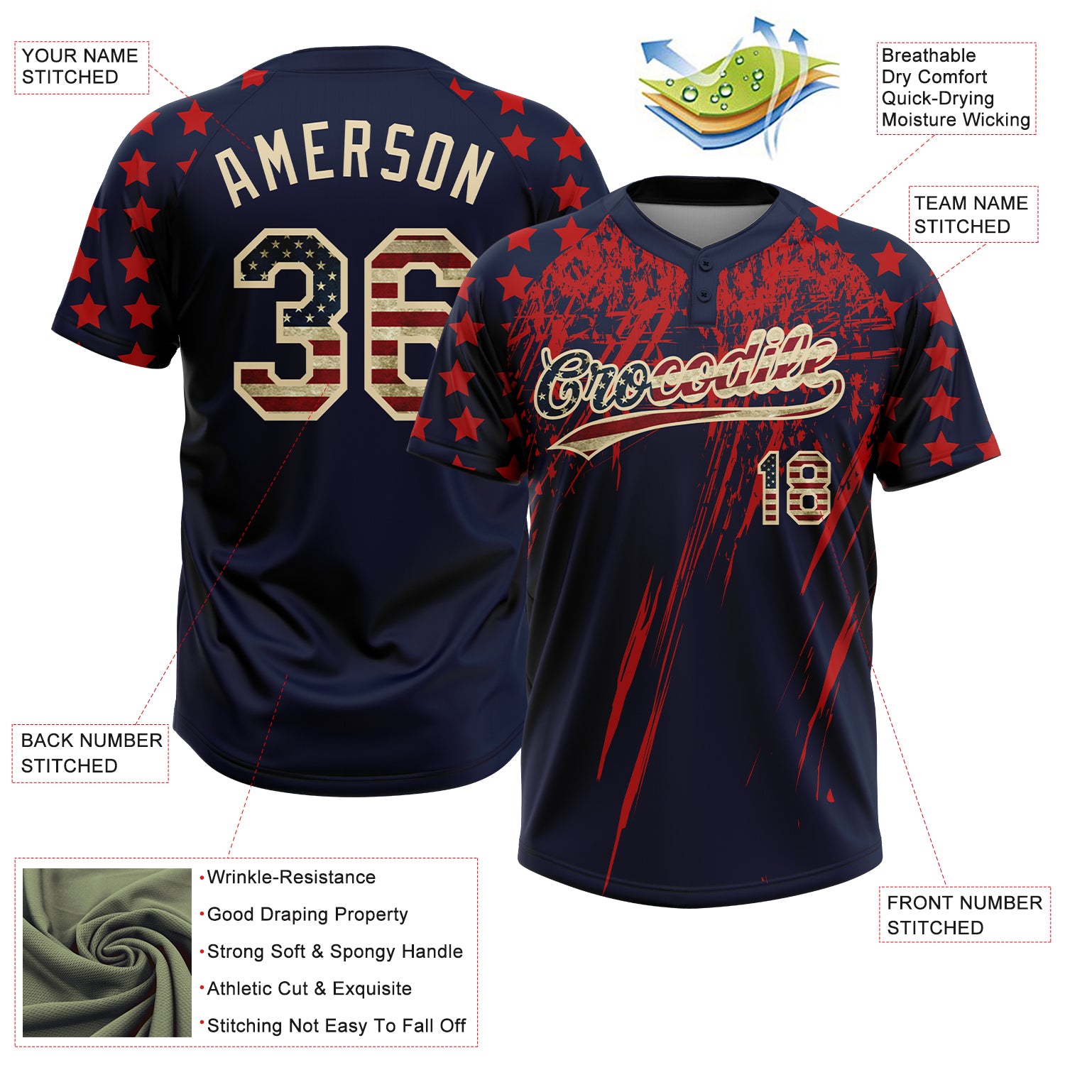 Custom Navy Vintage USA Flag Red-Cream Distressed Scratch Brush Stroke Star Raglan Sleeves Two-Button Unisex Softball Jersey