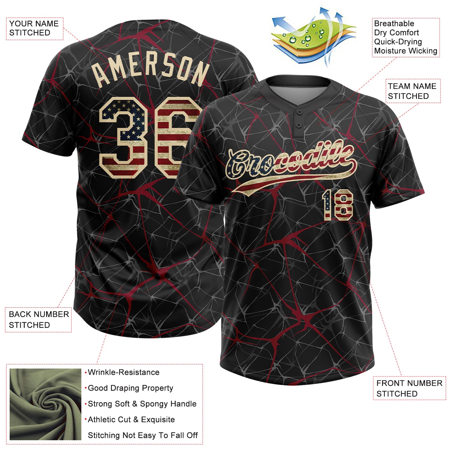 Custom Black Vintage USA Flag Crimson-Cream 3D Pattern Design Abstract Network Two-Button Unisex Softball Jersey