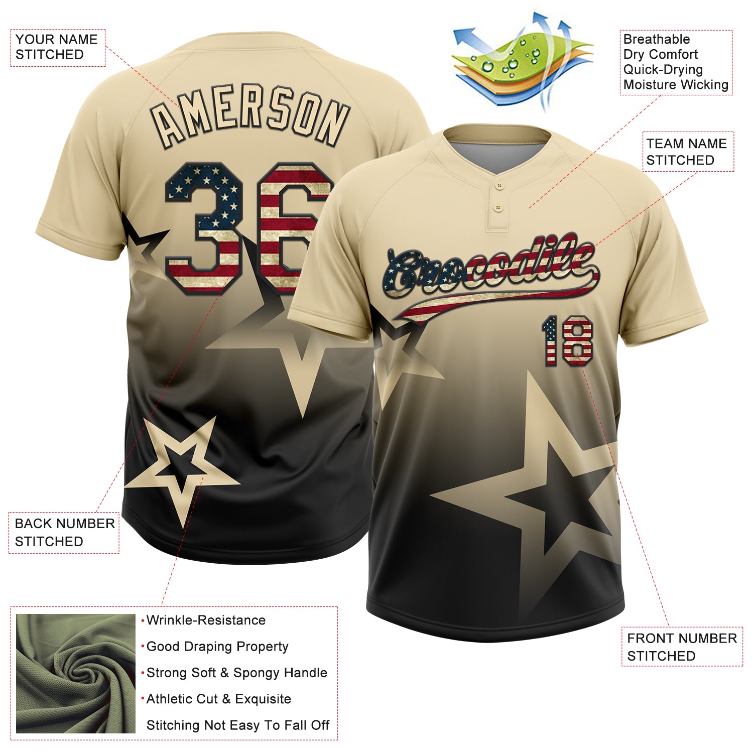 Custom Cream Vintage USA Flag-Black Gradient Style Twinkle Star Two-Button Unisex Softball Jersey