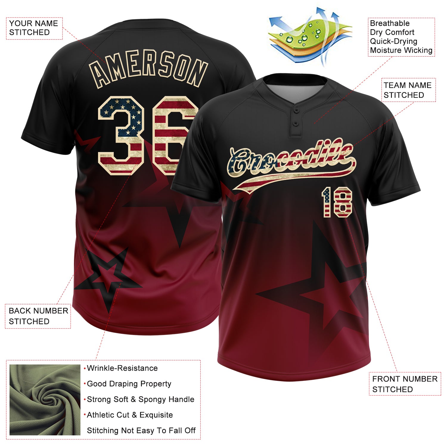Custom Black Vintage USA Flag Crimson-Cream Gradient Style Twinkle Star Two-Button Unisex Softball Jersey