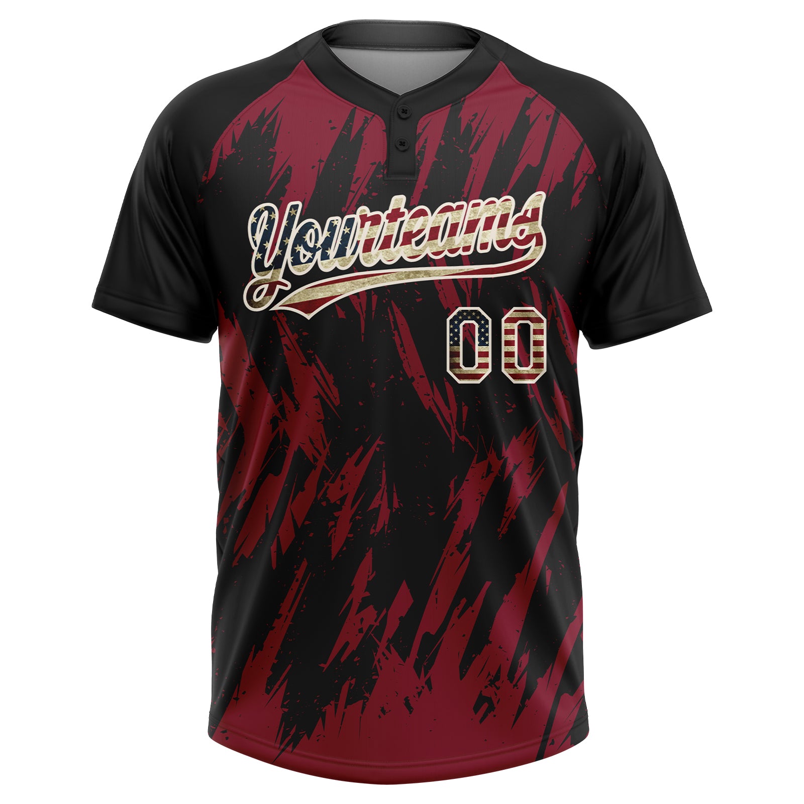 Custom Black Vintage USA Flag Crimson-Cream Splatter Torn Sharp Brush Stroke Two-Button Unisex Softball Jersey
