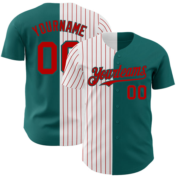Custom Teal White-Red Pinstripe Authentic Split Fashion Baseball Jersey