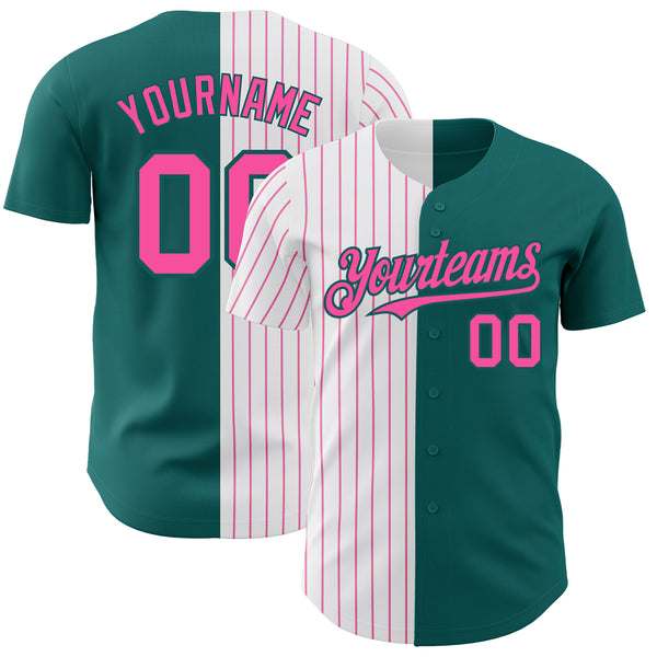 Custom Teal White-Pink Pinstripe Authentic Split Fashion Baseball Jersey