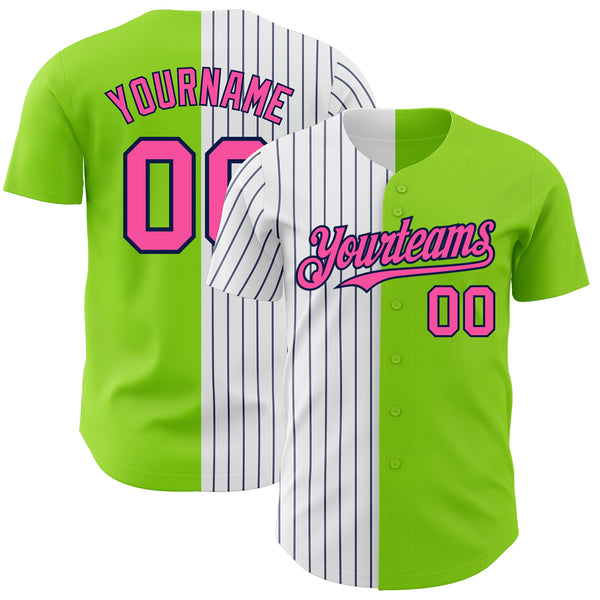 Custom Neon Green Pink-Navy Pinstripe Authentic Split Fashion Baseball Jersey