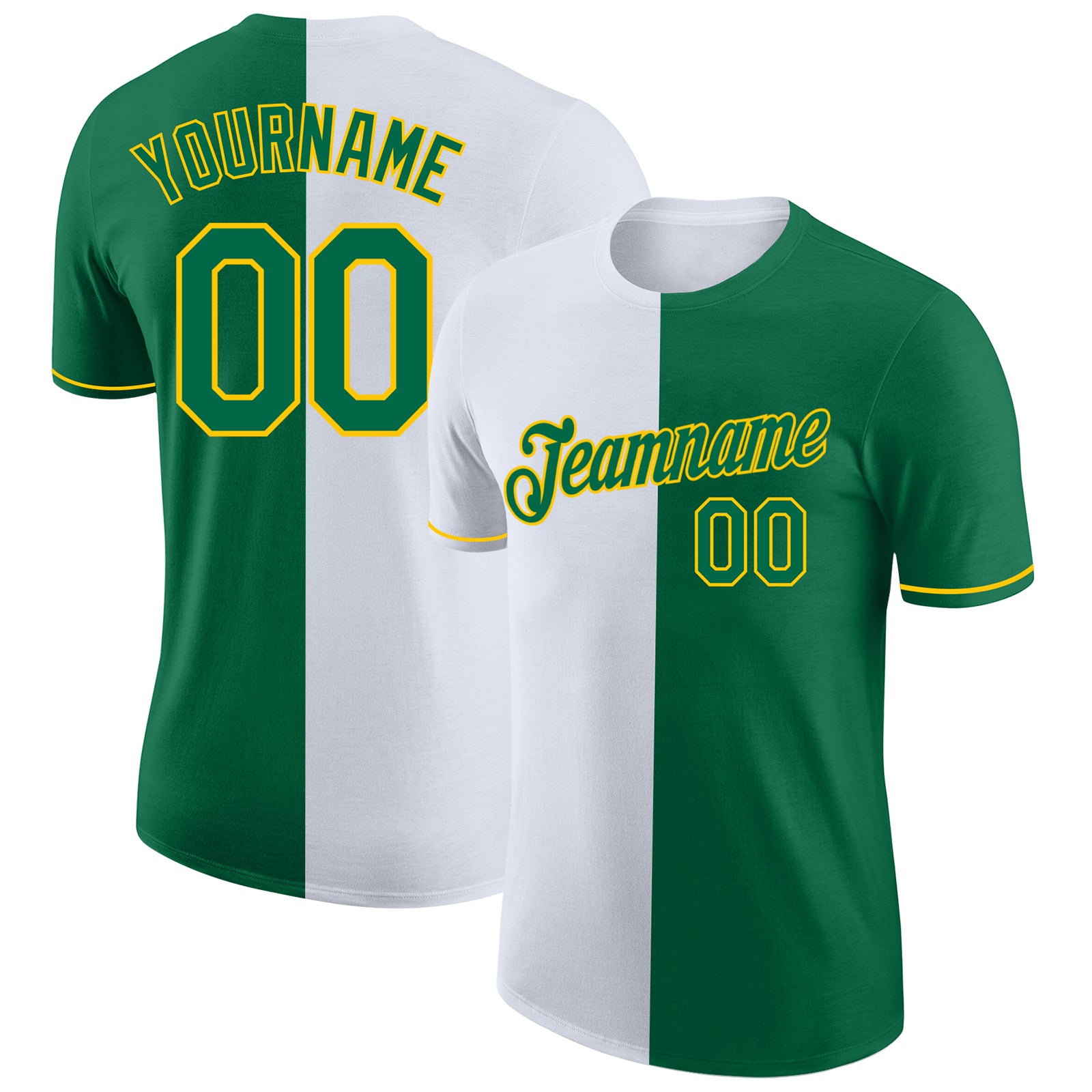 Custom Kelly Green White-Yellow Split Fashion Performance T-Shirt