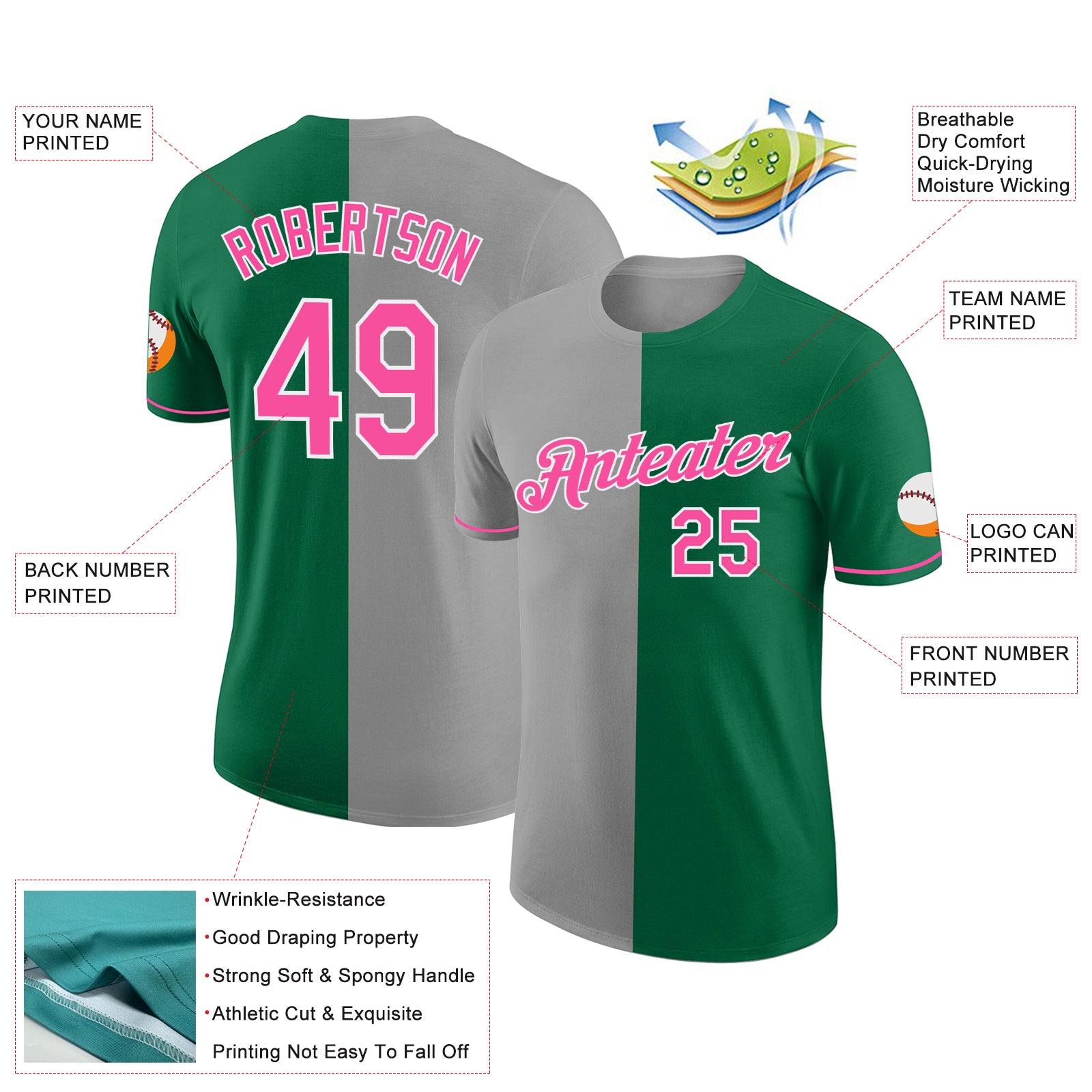 Custom Kelly Green Pink-Gray Split Fashion Performance T-Shirt