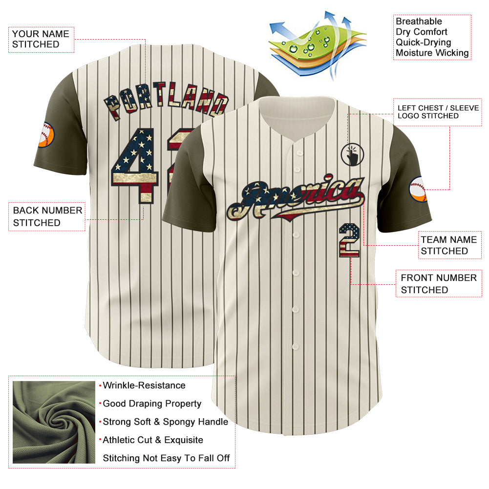 Custom Cream Olive Pinstripe Vintage USA Flag-Black Authentic Two Tone Baseball Jersey