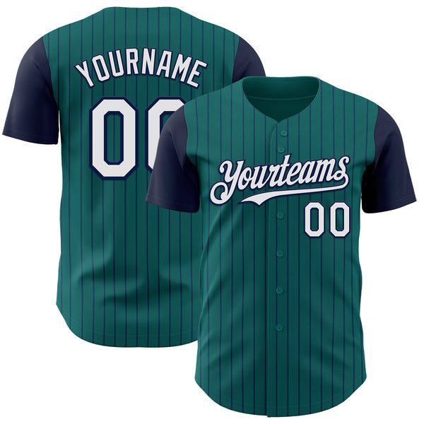 Custom Teal Navy Pinstripe White Authentic Two Tone Baseball Jersey