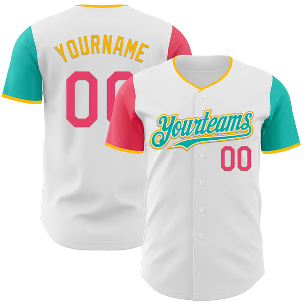 Custom White Neon Pink Aqua-Gold Authentic Two Tone Baseball Jersey