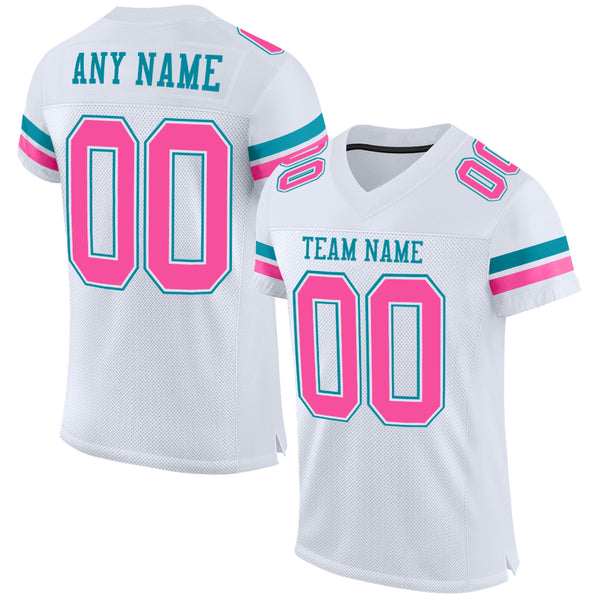 Custom White Pink-Teal Mesh Authentic Football Jersey