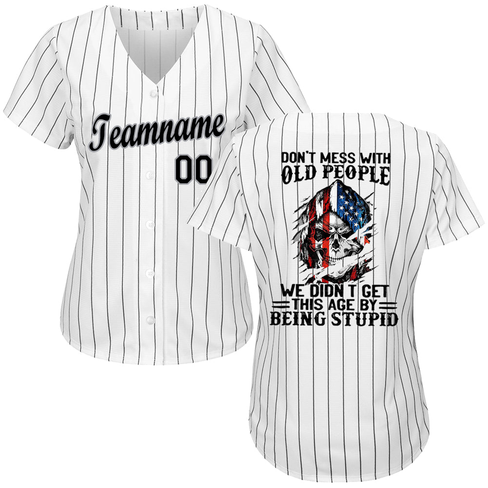 Custom 3D Pattern Design Don't Mess With Old People We Didn't Get This Age By Being Stupid Skull American Flag Authentic Baseball Jersey