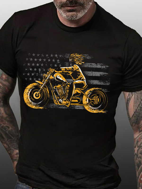 American Flag Biker Flaming Skull Motorcycles T-Shirt