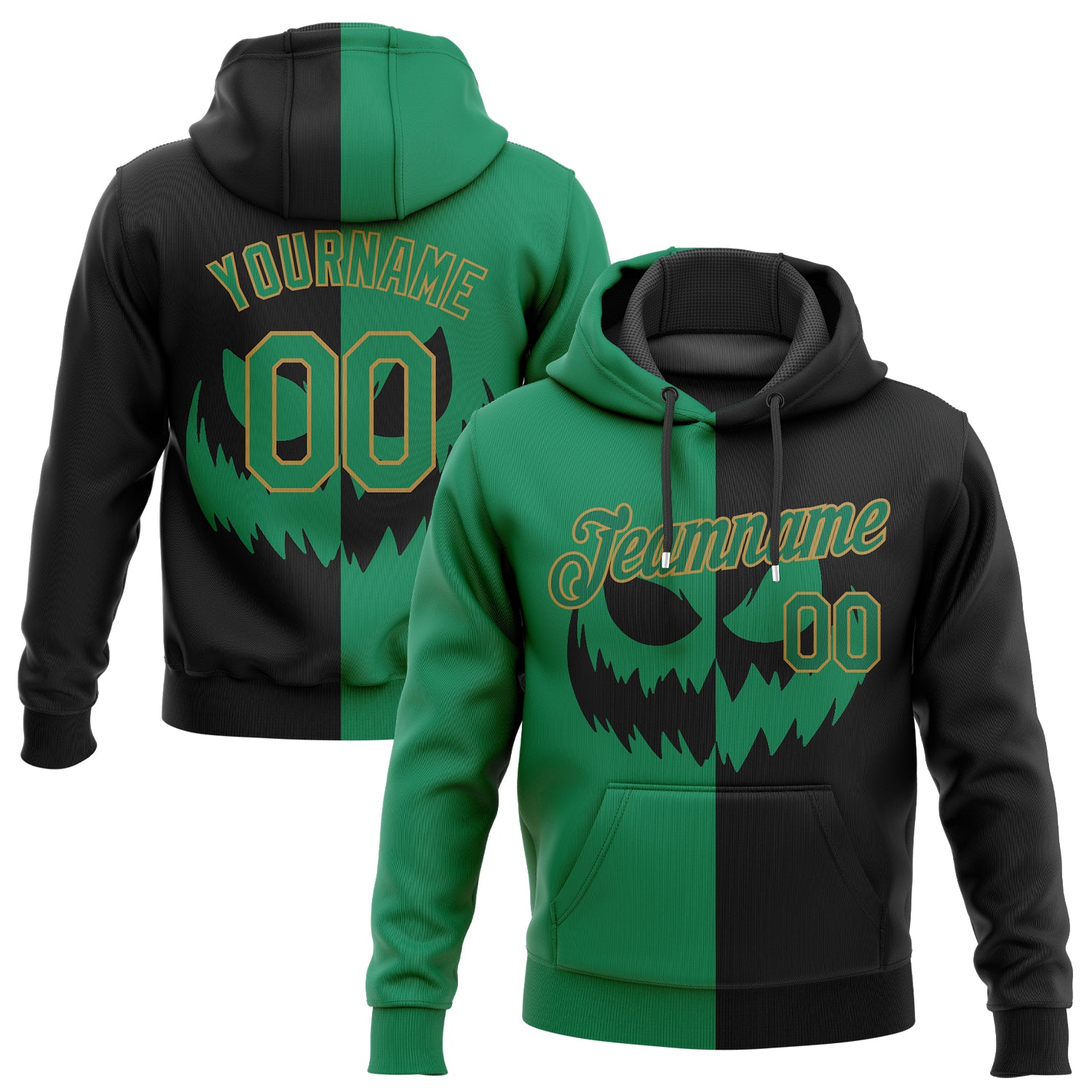 Custom Stitched Black Kelly Green-Old Gold 3D Pattern Scary Faces Of Halloween Pumpkin Sports Pullover Sweatshirt Salute To Service Hoodie