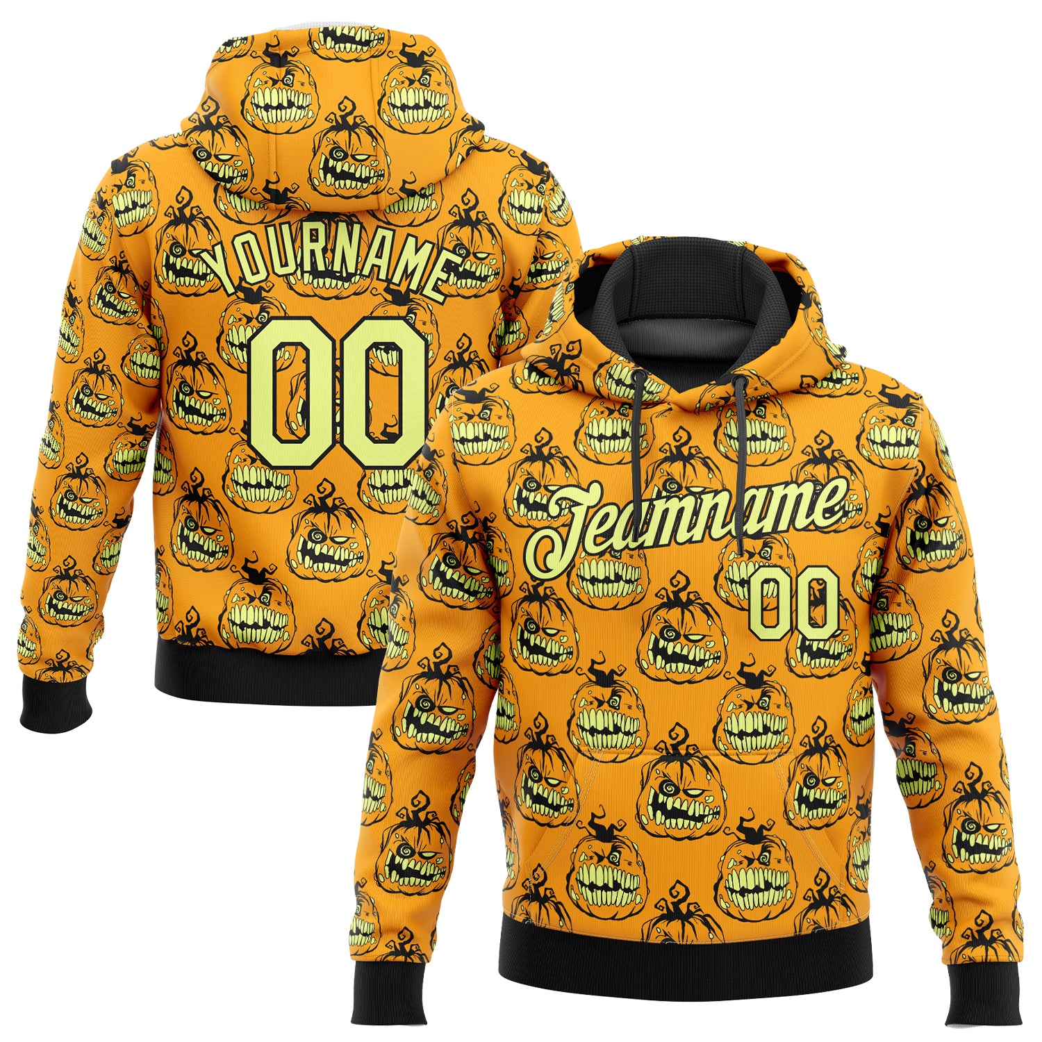 Custom Stitched Gold Gold-Black 3D Pattern Smiling Pumpkin Halloween Sports Pullover Sweatshirt Hoodie
