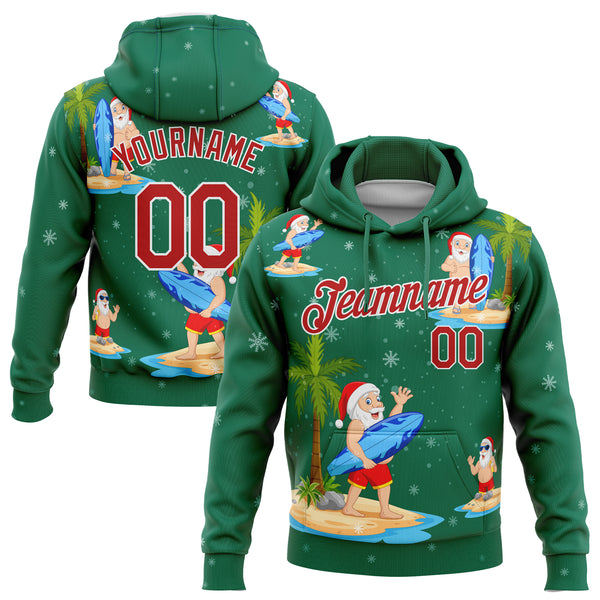 Custom Stitched Kelly Green Red-White 3D Tropical Christmas Surfing Santas Sports Pullover Sweatshirt Hoodie