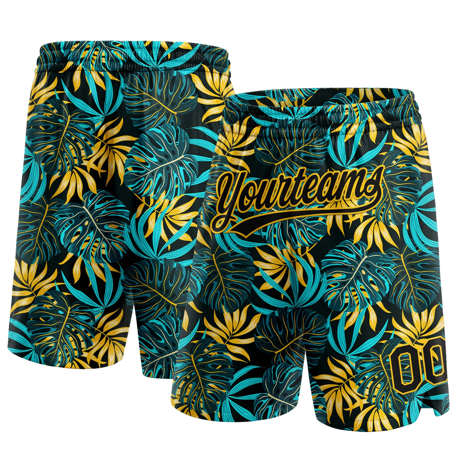 Custom Black Yellow 3D Pattern Tropical Plants Authentic Basketball Shorts