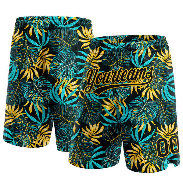 Custom Black Yellow 3D Pattern Tropical Plants Authentic Basketball Shorts
