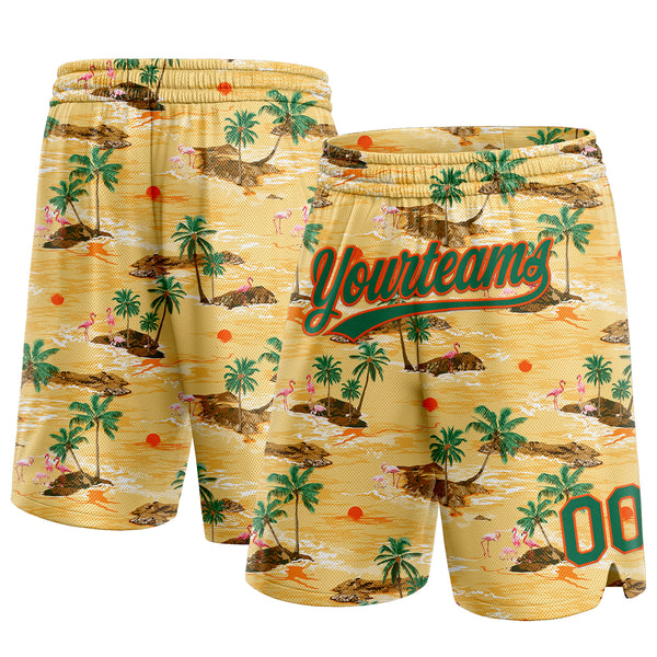 Custom Yellow Kelly Green-Orange 3D Pattern Hawaii Palm Trees And Flamingo Authentic Basketball Shorts