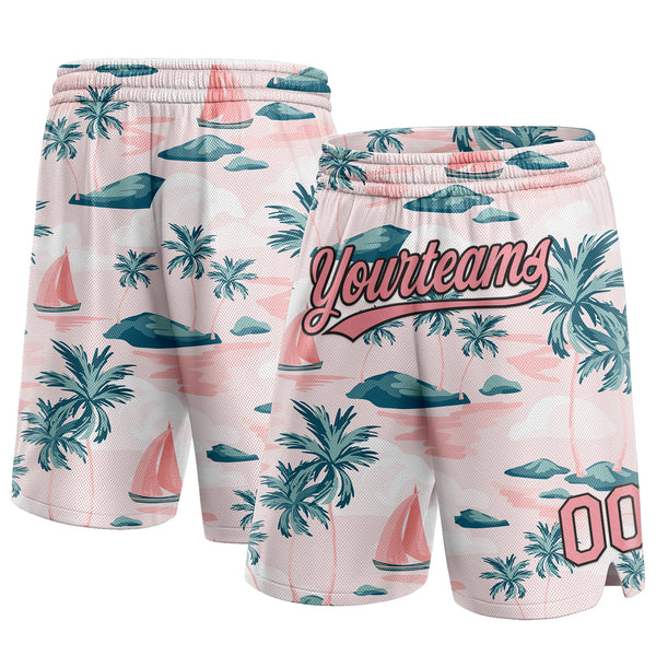 Custom Light Pink Medium Pink-Black 3D Pattern Hawaii Palm Trees And Island Authentic Basketball Shorts