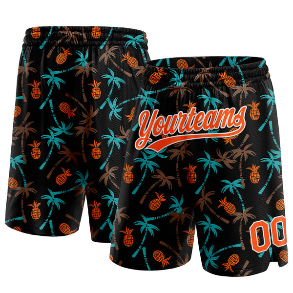 Custom Black Orange-White 3D Pattern Hawaii Palm Trees And Pineapple Authentic Basketball Shorts