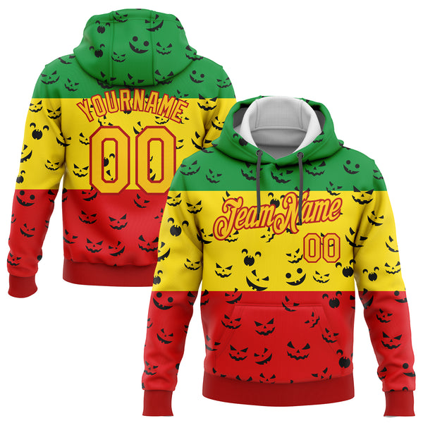 Custom Stitched Green Yellow-Red 3D Pattern Design Black History Month Sports Pullover Sweatshirt Hoodie