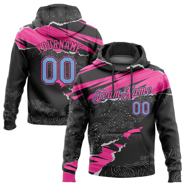 Custom Stitched Black Light Blue-Pink 3D Pattern Design Torn Paper Style Sports Pullover Sweatshirt Hoodie