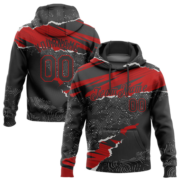 Custom Stitched Black Red 3D Pattern Design Torn Paper Style Sports Pullover Sweatshirt Hoodie