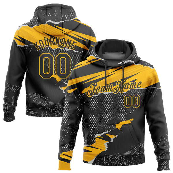 Custom Stitched Black Gold 3D Pattern Design Torn Paper Style Sports Pullover Sweatshirt Hoodie