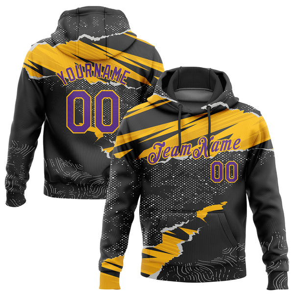 Custom Stitched Black Purple-Gold 3D Pattern Design Torn Paper Style Sports Pullover Sweatshirt Hoodie