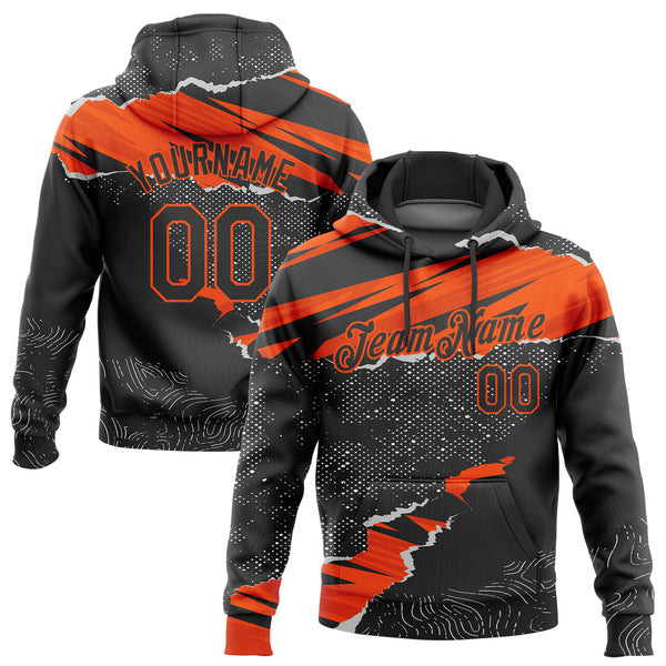 Custom Stitched Black Orange 3D Pattern Design Torn Paper Style Sports Pullover Sweatshirt Hoodie