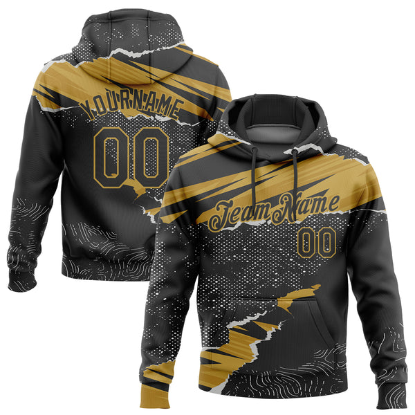 Custom Stitched Black Old Gold 3D Pattern Design Torn Paper Style Sports Pullover Sweatshirt Hoodie