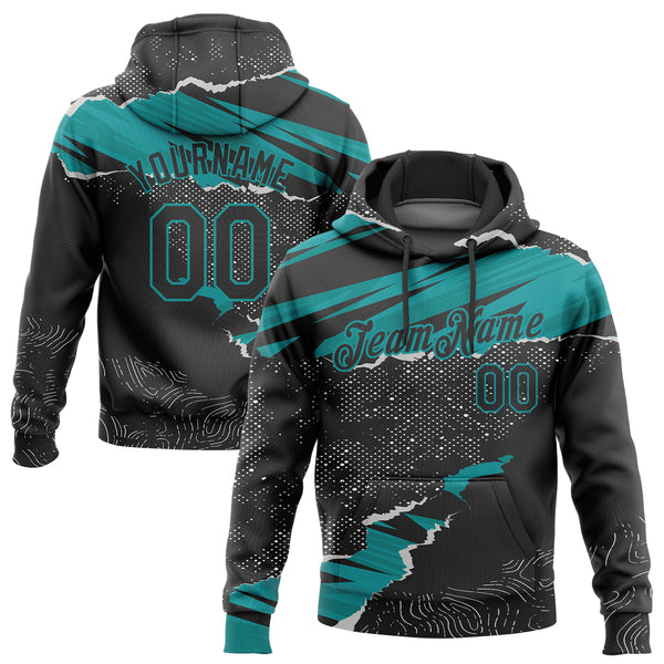 Custom Stitched Black Teal 3D Pattern Design Torn Paper Style Sports Pullover Sweatshirt Hoodie