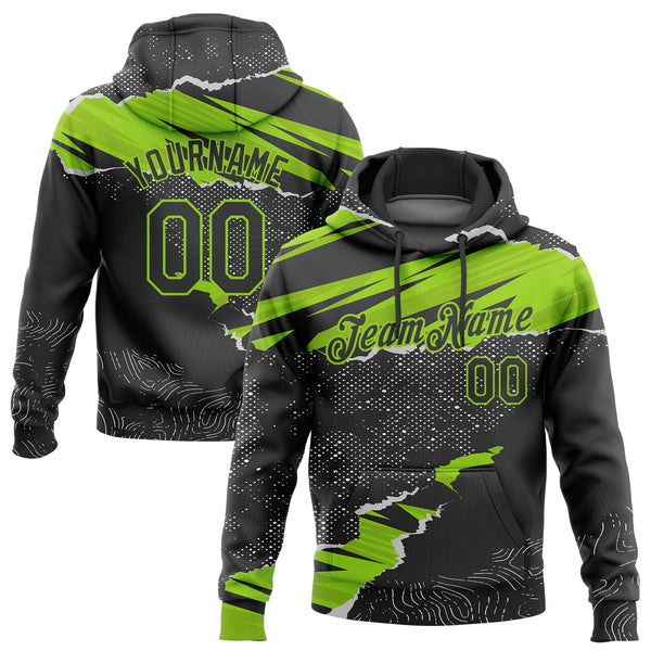 Custom Stitched Black Neon Green 3D Pattern Design Torn Paper Style Sports Pullover Sweatshirt Hoodie