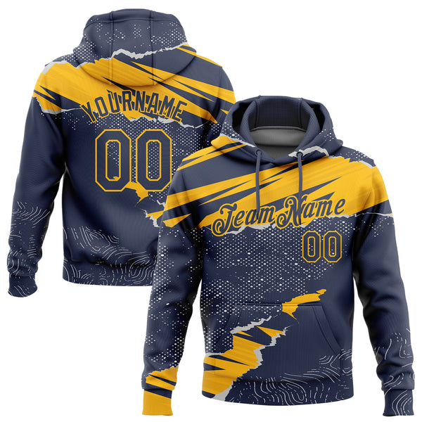 Custom Stitched Navy Gold 3D Pattern Design Torn Paper Style Sports Pullover Sweatshirt Hoodie