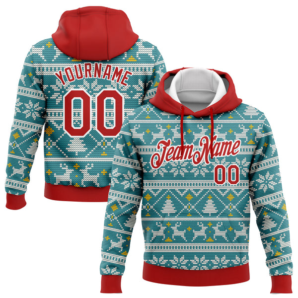Custom Stitched Teal Red-White Christmas 3D Sports Pullover Sweatshirt Hoodie