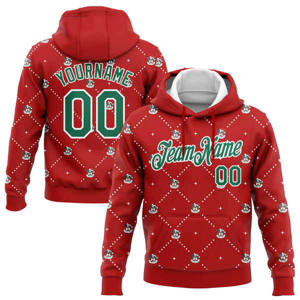 Custom Stitched Red Kelly Green-White Christmas Dog Wearing Santa Claus Costume 3D Sports Pullover Sweatshirt Hoodie