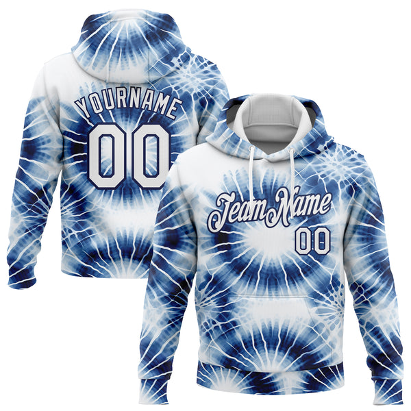 Custom Stitched Tie Dye White-Navy 3D Abstract Style Sports Pullover Sweatshirt Hoodie