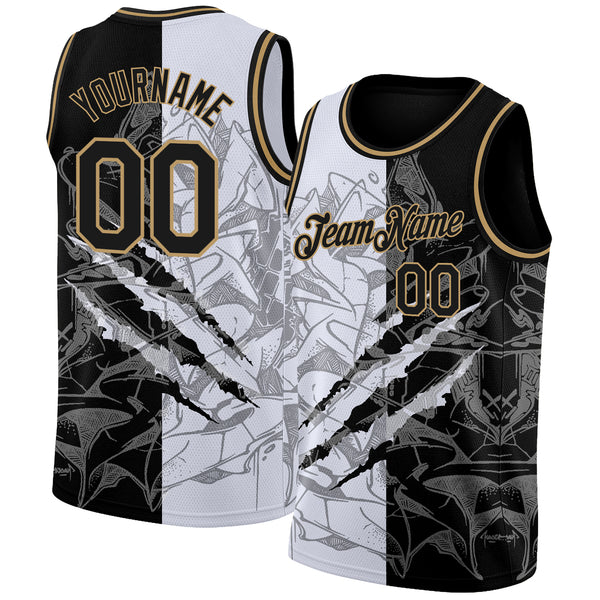 Custom Graffiti Pattern Black-Old Gold 3D Scratch Authentic Basketball Jersey