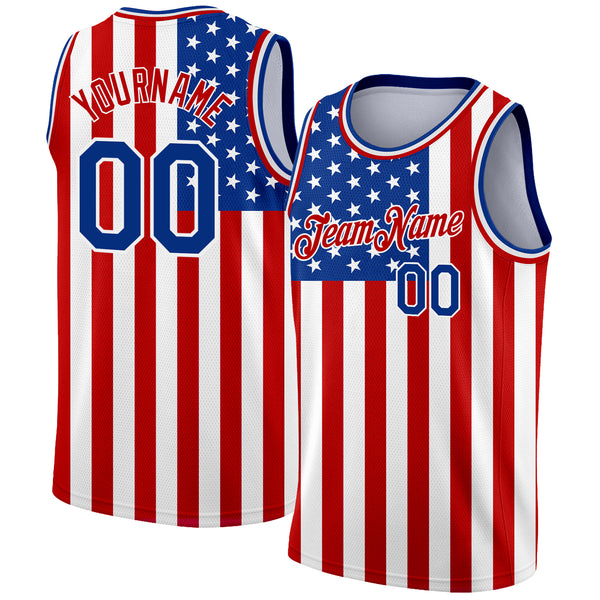 Custom White Royal-Red 3D American Flag Fashion Authentic Basketball Jersey