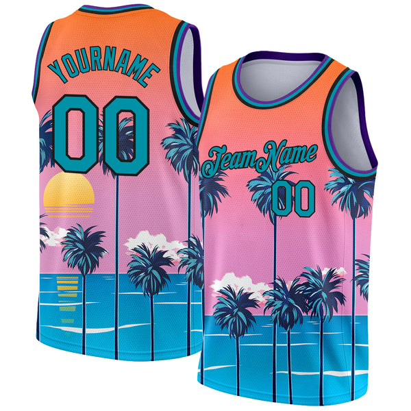 Custom Orange Teal-Black 3D Pattern Sun Beach Hawaii Palm Trees Authentic Basketball Jersey