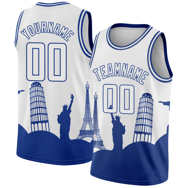 Custom White Royal Holiday Travel Monuments Silhouette Authentic City Edition Basketball Jersey