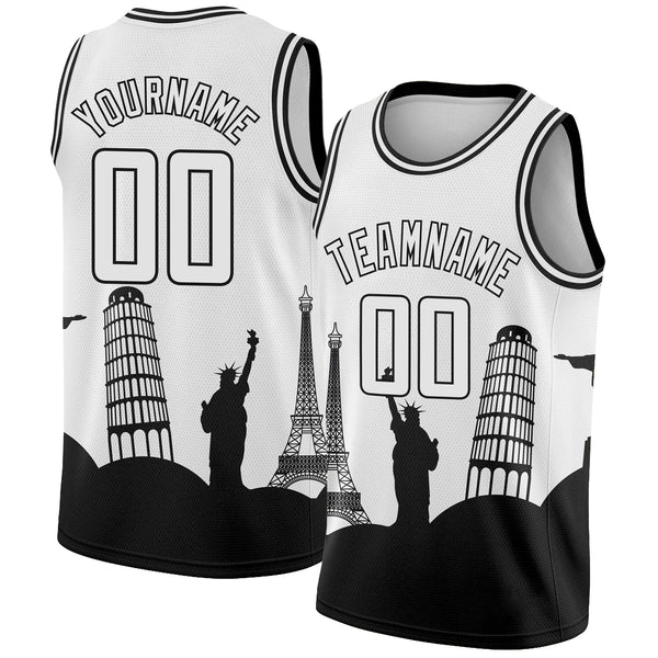 Custom White Black Holiday Travel Monuments Silhouette Authentic City Edition Basketball Jersey