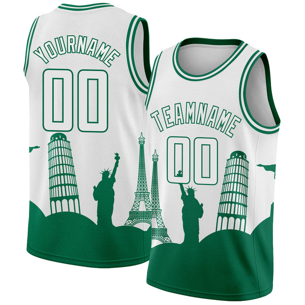 Custom White Kelly Green Holiday Travel Monuments Silhouette Authentic City Edition Basketball Jersey