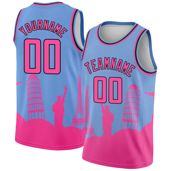 Custom Light Blue Pink-Black Holiday Travel Monuments Silhouette Authentic City Edition Basketball Jersey