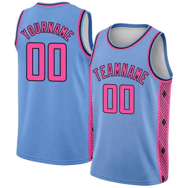 Custom Light Blue Pink-Black Side Panel Abstract Lines Authentic City Edition Basketball Jersey