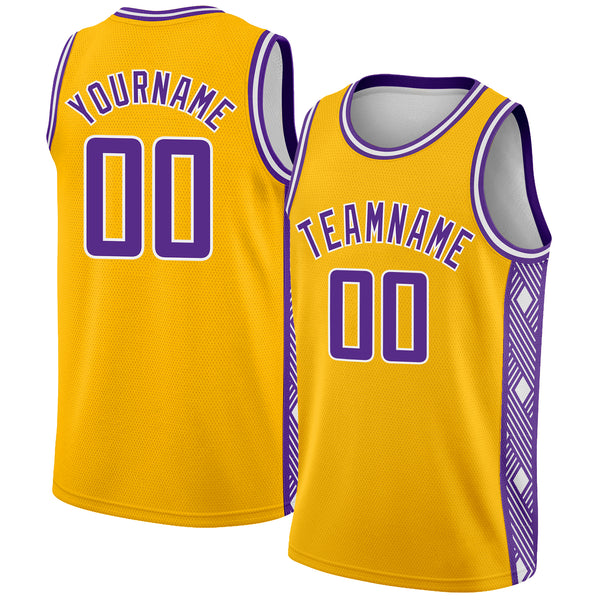 Custom Gold Purple-White Side Panel Abstract Lines Authentic City Edition Basketball Jersey