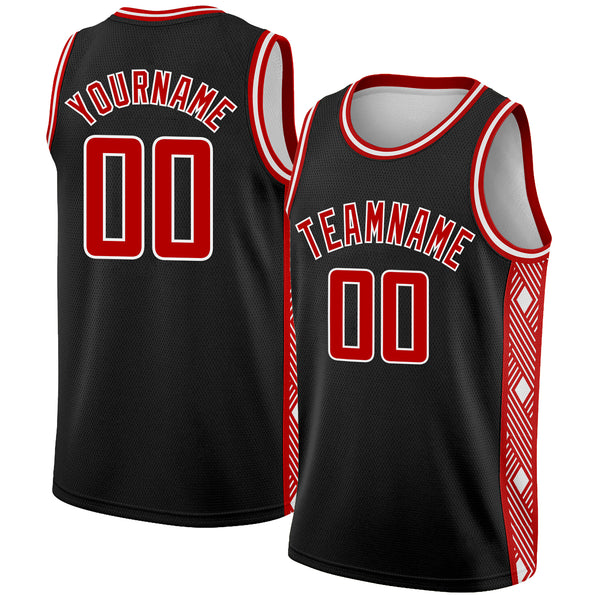 Custom Black Red-White Side Panel Abstract Lines Authentic City Edition Basketball Jersey