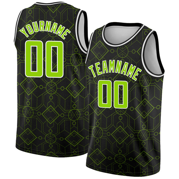 Custom Black Neon Green-White Geometric Shapes Authentic City Edition Basketball Jersey